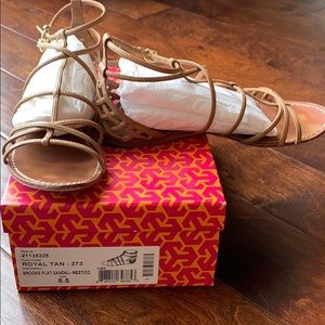Tory Burch tan flat wrap around sandal!